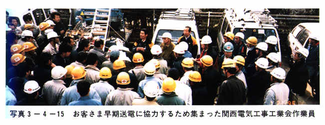 写真3-4-15　お客さま早期送電に協力するため集まった関西電気工事工業会作業員