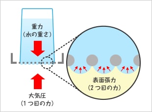 重力（水の重さ） 大気圧（1つ目の力） 表面張力（2つ目の力）