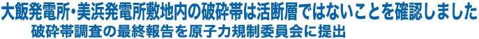 大飯発電所・美浜発電所敷地内の破砕帯は活断層ではないことを確認しました
破砕帯調査の最終報告を原子力規制委員会に提出