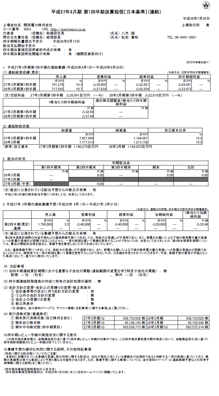 平成27年3月期 第1四半期 決算短信