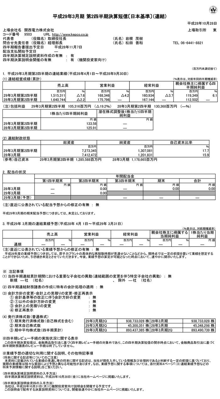 平成29年3月期 第2四半期決算短信について
