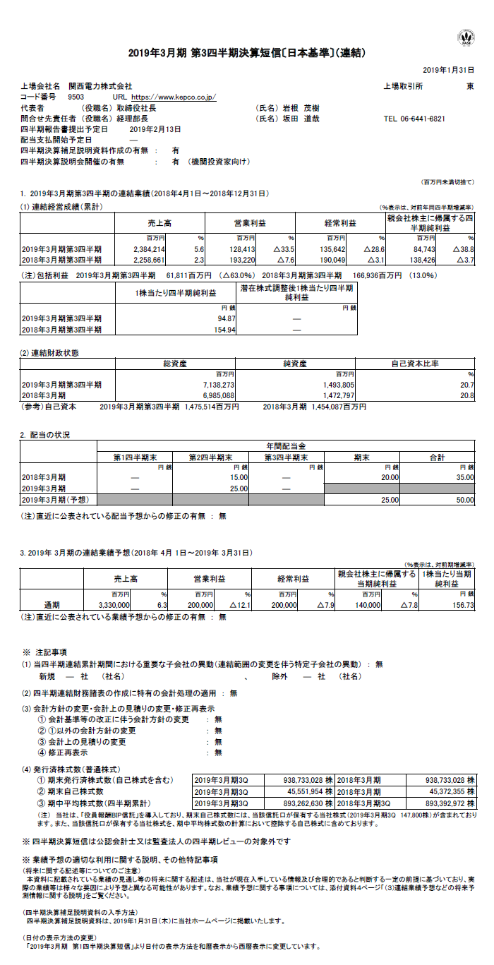 2019年3月期 第3四半期決算短信