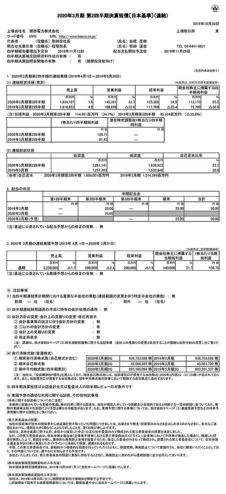 2020年3月期 第2四半期決算短信