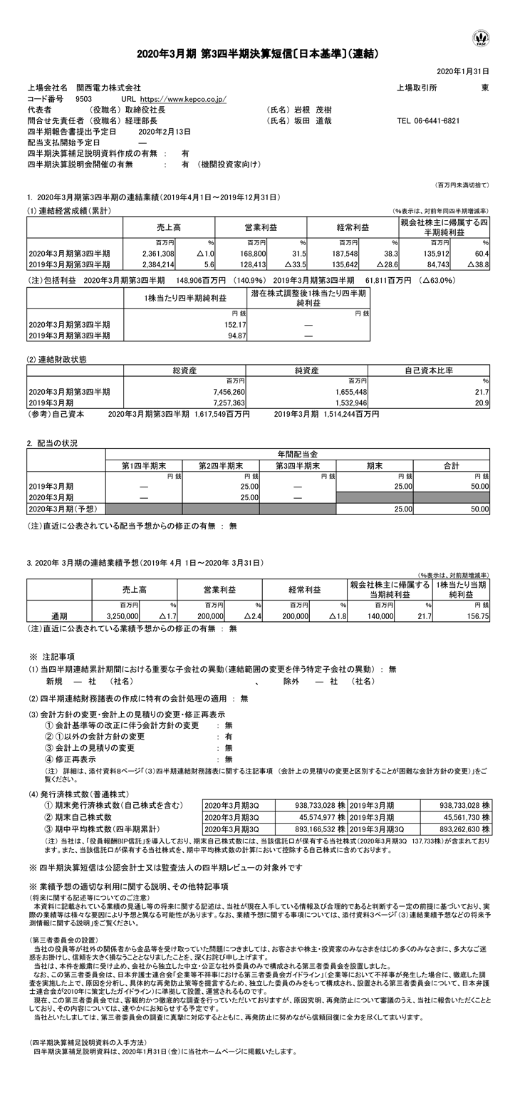 2020年3月期 第3四半期決算短信
