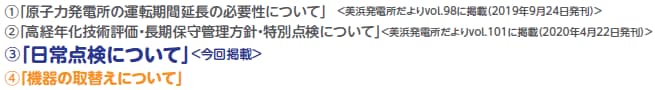 1.「原子力発電所の運転期間延長の必要性について」＜美浜発電所だよりvol.98に掲載（2019年9月24日発刊）＞ 2.「高経年化技術評価・長期保守管理方針・特別点検について」」＜美浜発電所だよりvol.101に掲載（2020年4月22日発刊）＞ 3.「日常点検について」 ＜今回掲載＞4.「機器の取替えについて」