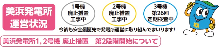 美浜発電所運営状況　１号機 廃止措置工事中　２号機 廃止措置工事中　３号機 第26回定期検査中　今後も安全最優先で発電所運営に取り組んでまいります！　美浜発電所１，２号機 廃止措置　第２段階開始について