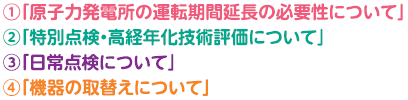 　1.「原子力発電所の運転期間延長の必要性について」　2.「特別点検・高経年化技術評価について」　3.「日常点検について」　4.「機器の取替えについて」