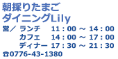 朝採りたまごダイニングLily 営／ランチ 11時から14時 カフェ 14時から17時 ディナー 17時30分から21時30分 TEL0776-43-1380