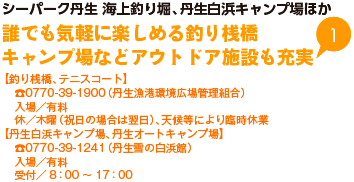 シーパーク丹生 海上釣り堀、丹生白浜キャンプ場ほか 誰でも気軽に楽しめる釣り桟橋 キャンプ場などアウトドア施設も充実 【釣り桟橋、テニスコート】TEL0770-39-1900（丹生漁港環境広場管理組合）入場／有料 休／木曜（祝日の場合は翌日）、天候等により臨時休業 【丹生白浜キャンプ場、丹生オートキャンプ場】TEL0770-39-1241（丹生雪の白浜館）入場／有料 受付／8時から17時