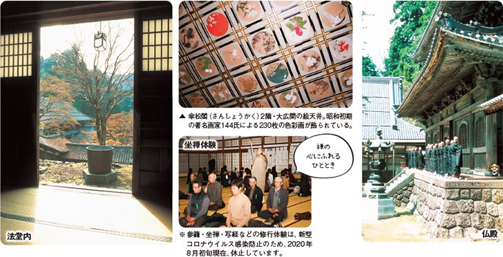法堂内 傘松閣（さんしょうかく）2階・大広間の絵天井。昭和初期の著名画家144氏による230枚の色彩画が飾られている。坐禅体験 禅の心にふれるひととき ※参籠・坐禅・写経などの修行体験は、新型コロナウイルス感染防止のため、2020年8月初旬現在、休止しています。仏殿