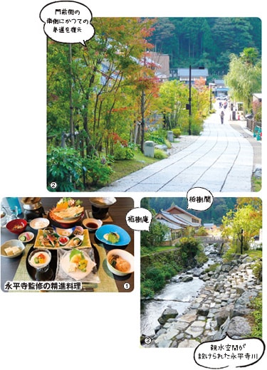 門前街の南側にかつての参道を復元 永平寺監修の精進料理 栢樹庵 柏樹関 親水空間が設けられた永平寺川
