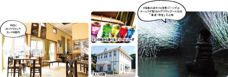 明るくゆったりとしたえい坊館内 5つの味から選べるクリームソーダ えい坊館 1階奥の禅文化体感ゾーンではチームラボ製作のデジタルアート作品「鳥道-黙坐」を上映