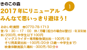 きのこの森
2017年にリニューアル　みんなで思いっきり遊ぼう!　おおい町鹿野　TEL0770-78-1713（9時30分から17時）休/月曜（祝日の場合は翌日）・年末年始　料/200円、中学生以下100円　ビッグスライダー専用敷物貸出料：100円/日　そり用具貸出料：100円/20分（3歳～中学生まで）　映像体験施設入場料：300円/50分