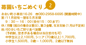 苺園いちごめぐり
おおい町小車田16-26　TEL080-2958-6695（開園時間中）　営/11月初旬から翌年5月末頃　9時30分から16時（受付15時まで）　休/月曜（祝日の場合は翌日）、第3金曜、年末年始（1月は不定休）　料/60分いちご狩り食べ放題（予約制、空きがある場合は当日受付も可）中学生以上2,100円、シニア（70歳以上）1,700円、小学生1,500円、3歳から1,000円、2歳以下無料