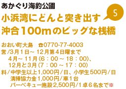 あかぐり海釣公園
小浜湾にどんと突き出す沖合100mのビッグな桟橋
おおい町大島　TEL0770-77-4003　営/3月1日から12月第4日曜まで4月から11月（6時から18時）12月と3月（7時から17時）　料/中学生以上1,000円/日、小学生500円/日　清掃協力金1,000円/車1台　バーベキュー施設2,500円/1卓6名まで※