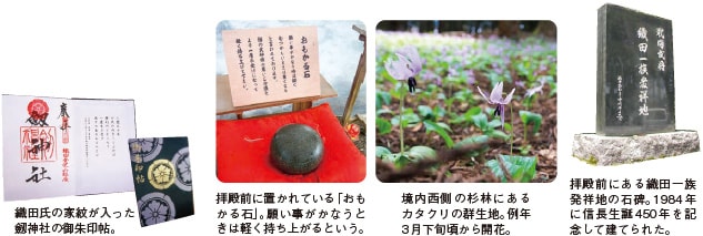 織田氏の家紋が入った劔神社の御朱印帖。拝殿前に置かれている「おもかる石」。願い事がかなうときは軽く持ち上がるという。境内西側の杉林にあるカタクリの群生地。例年3月下旬頃から開花。拝殿前にある織田一族発祥地の石碑。1984年に信長生誕450年を記念して建てられた。