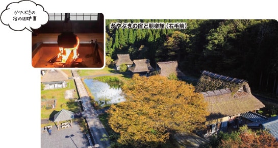 かやぶきの宿の囲炉裏 かやぶきの宿と朋楽館（右手前）