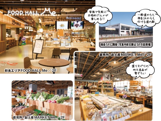 飲食エリアFOOD HALL Me／2F 家族で気軽に本格的グルメが楽しめる!! 南条SAに隣接（写真手前右側はSAの駐車場）一般道からも南条SAからも行ける道の駅 直売所・お土産MARKET Me／2F 選りすぐりの地元産品が勢ぞろい
