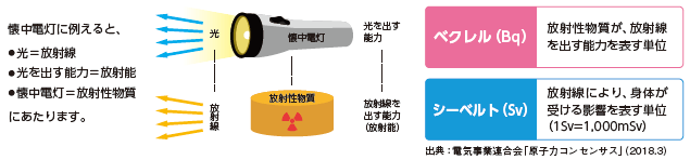 懐中電灯に例えると、光=放射線 光を出す能力=放射能 懐中電灯=放射性物質にあたります。