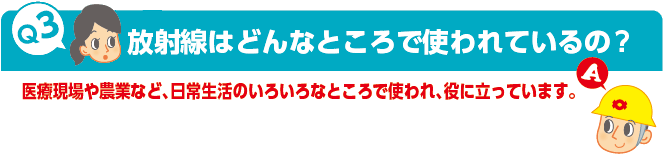 Q3：放射線はどんなところで使われているの?　A：医療現場や農業など、日常生活のいろいろなところで使われ、役に立っています。