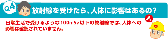 Q4：放射線を受けたら、人体に影響はあるの?　A：日常生活で受けるような100mSv以下の放射線では、人体への影響は確認されていません。