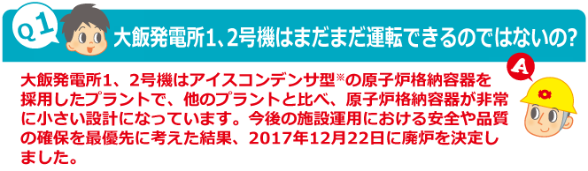 Q1：大飯発電所1、2号機はまだまだ運転できるのではないの?　A：大飯発電所1、2号機はアイスコンデンサ型※の原子炉格納容器を採用したプラントで、他のプラントと比べ、原子炉格納容器が非常に小さい設計になっています。今後の施設運用における安全や品質の確保を最優先に考えた結果、2017年12月22日に廃炉を決定しました。