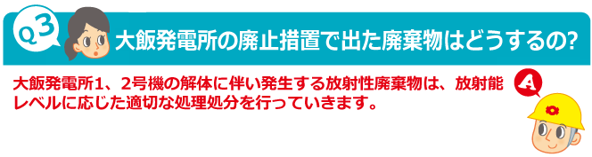 Q3：大飯発電所の廃止措置で出た廃棄物はどうするの?　A：大飯発電所1、2号機の解体に伴い発生する放射性廃棄物は、放射能レベルに応じた適切な処理処分を行っていきます。