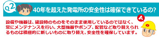 Q2：40年を超えた発電所の安全性は確保できているの?　A：設備や機器は、建設時のものをそのまま使用しているのではなく、常にメンテナンスを行い、大型機器やポンプ、配管など取り替えられるものは積極的に新しいものに取り替え、安全性を確保しています。