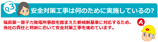 Q3：安全対策工事は何のために実施しているの?　A：福島第一原子力発電所事故を踏まえた新規制基準に対応するため、当社の責任と判断において安全対策工事を進めています。