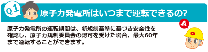 Q1：原子力発電所はいつまで運転できるの?　A：原子力発電所の運転期間は、新規制基準に基づき安全性を確認し、原子力規制委員会の認可を受けた場合、最大60年まで運転することができます。