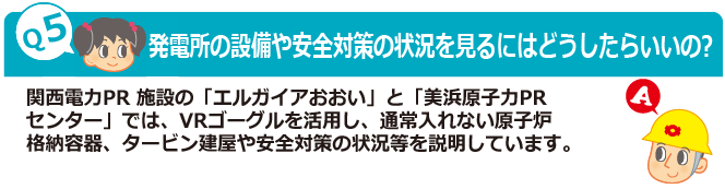 Q5：発電所の設備や安全対策の状況を見るにはどうしたらいいの?　A：関西電力PR 施設の「エルガイアおおい」と「美浜原子力PRセンター」では、VRゴーグルを活用し、通常入れない原子炉格納容器、タービン建屋や安全対策の状況等を説明しています。