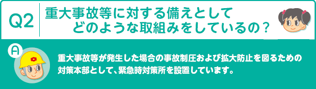 Q2：重大事故等に対する備えとしてどのような取組みをしているの?　A：重大事故等が発生した場合の事故制圧および拡大防止を図るための対策本部として、緊急時対策所を設置しています。