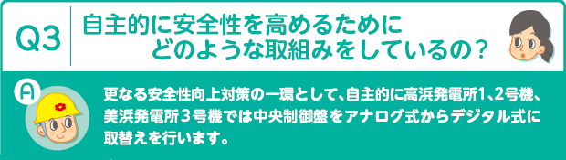 Q3：自主的に安全性を高めるためにどのような取組みをしているの?　A：更なる安全性向上対策の一環として、自主的に高浜発電所1、2号機、美浜発電所3号機では中央制御盤をアナログ式からデジタル式に取替えを行います。