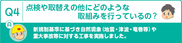 Q4：点検や取替えの他にどのような取組みを行っているの?　A：新規制基準に基づき自然現象（地震・津波・竜巻等）や重大事故等に対する工事を実施しました。