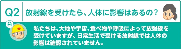 Q2：放射線を受けたら、人体に影響はあるの?　A：私たちは、大地や宇宙、食べ物や呼吸によって放射線を受けていますが、日常生活で受ける放射線では人体の影響は確認されていません。