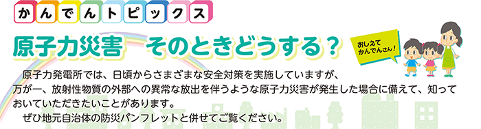 原子力災害　そのときどうする？
原子力発電所では、日頃からさまざまな安全対策を実施していますが、万が一、放射性物質の外部への異常な放出を伴うような原子力災害が発生した場合に備えて、知っておいていただきたいことがあります。
ぜひ地元自治体の防災パンフレットと併せてご覧ください。