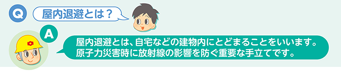 Q：屋内退避とは？　A：屋内退避とは、自宅などの建物内にとどまることをいいます。原子力災害時に放射線の影響を防ぐ重要な手立てです。