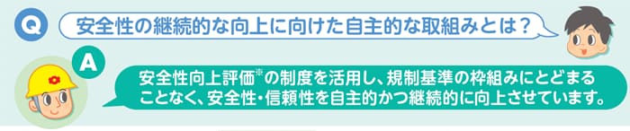 Q：安全性の継続的な向上に向けた自主的な取組みとは?　A：安全性向上評価※の制度を活用し、規制基準の枠組みにとどまることなく、安全性・信頼性を自主的かつ継続的に向上させています。