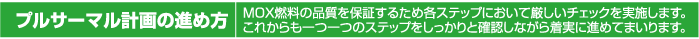 プルサーマル計画の進め方：MOX燃料の品質を保証するため各ステップにおいて厳しいチェックを実施します。これからも一つ一つのステップをしっかりと確認しながら着実に進めてまいります。