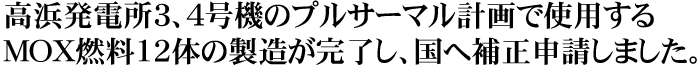 高浜発電所3、4号機のプルサーマル計画で使用するMOX燃料12体の製造が完了し、国へ補正申請しました。