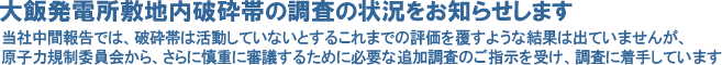 大飯発電所敷地内破砕帯の調査の状況をお知らせします
当社中間報告では、破砕帯は活動していないとするこれまでの評価を覆すような結果は出ていませんが、
原子力規制委員会から、さらに慎重に審議するために必要な追加調査のご指示を受け、調査に着手しています