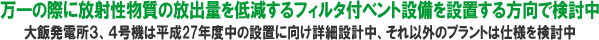 万一の際に放射性物質の放出量を低減するフィルタ付ベント設備を設置する方向で検討中 大飯発電所３、４号機は平成27年度中の設置に向け詳細設計中、それ以外のプラントは仕様を検討中
