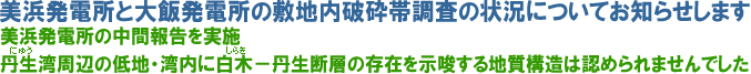 美浜発電所と大飯発電所の敷地内破砕帯調査の状況についてお知らせします 美浜発電所の中間報告を実施 丹生（にゅう）湾周辺の低地・湾内に白木（しらき）−丹生断層の存在を示唆する地質構造は認められませんでした