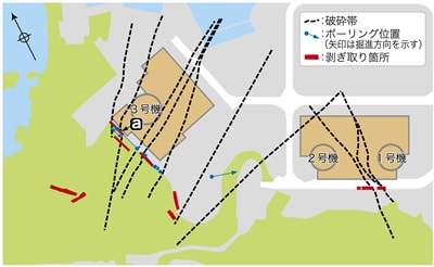 美浜発電所敷地内の破砕帯と調査位置図