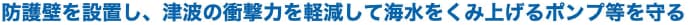 防護壁を設置し、津波の衝撃力を軽減して海水をくみ上げるポンプ等を守る