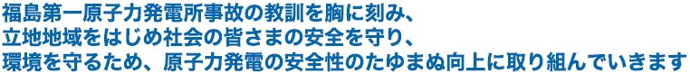 福島第一原子力発電所事故の教訓を胸に刻み、立地地域をはじめ社会の皆さまの安全を守り、環境を守るため、原子力発電の安全性のたゆまぬ向上に取り組んでいきます