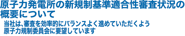 原子力発電所の新規制基準適合性審査状況の概要について　当社は、審査を効率的にバランスよく進めていただくよう原子力規制委員会に要望しています