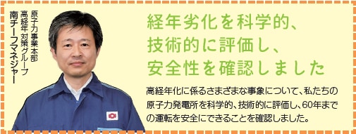 経年劣化を科学的、技術的に評価し、安全性を確認しました
高経年化に係るさまざまな事象について、私たちの原子力発電所を科学的、技術的に評価し、60年までの運転を安全にできることを確認しました。
原子力事業本部　高経年対策グループ　南チーフマネジャー