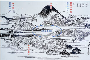 幕末の嚮陽渓開設当初に描かれた浮世絵風景画「越州鯖江嚮陽渓真景」