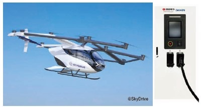 空飛ぶクルマ（上）と充電設備（右）